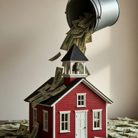 A red one-room schoolhouse is showered with money.