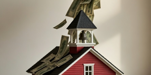 A red one-room schoolhouse is showered with money.