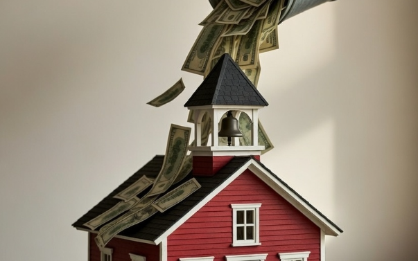 A red one-room schoolhouse is showered with money.