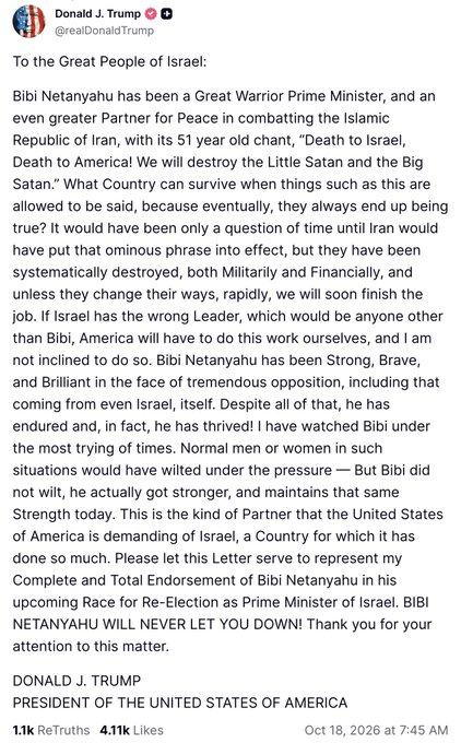 Trump endorses Bibi