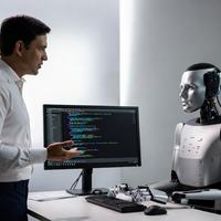 A man is talking to a robot that is typing on a computer.