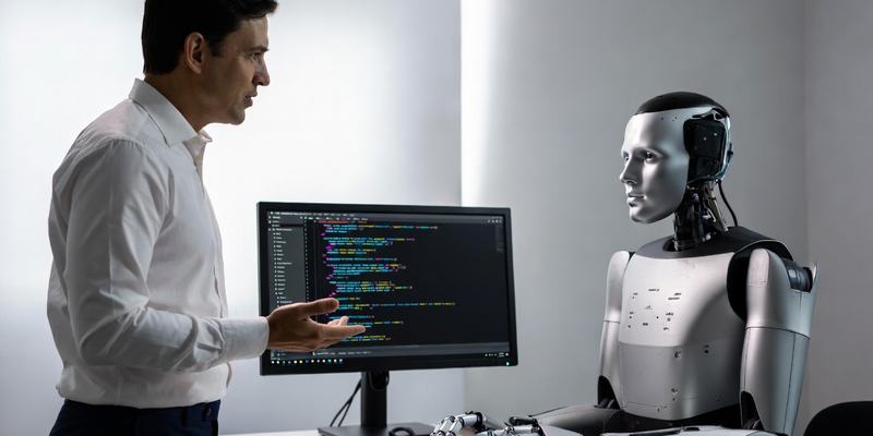A man is talking to a robot that is typing on a computer.