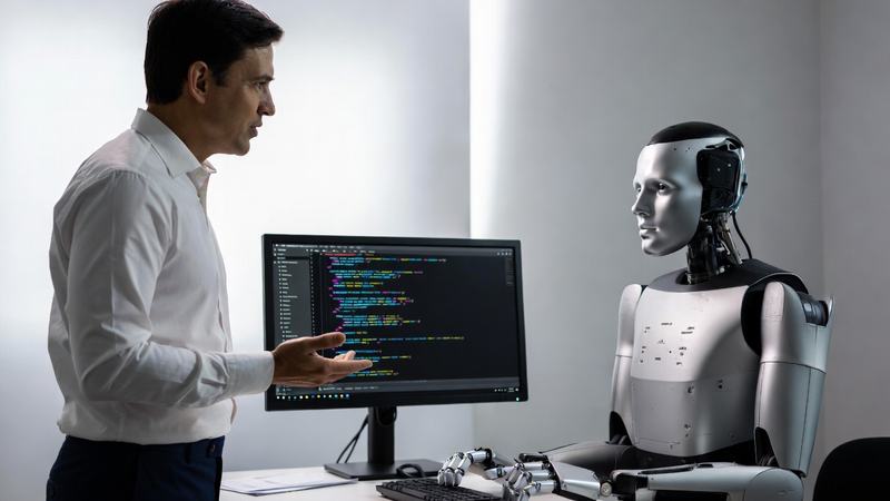 A man is talking to a robot that is typing on a computer.