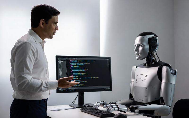 A man is talking to a robot that is typing on a computer.